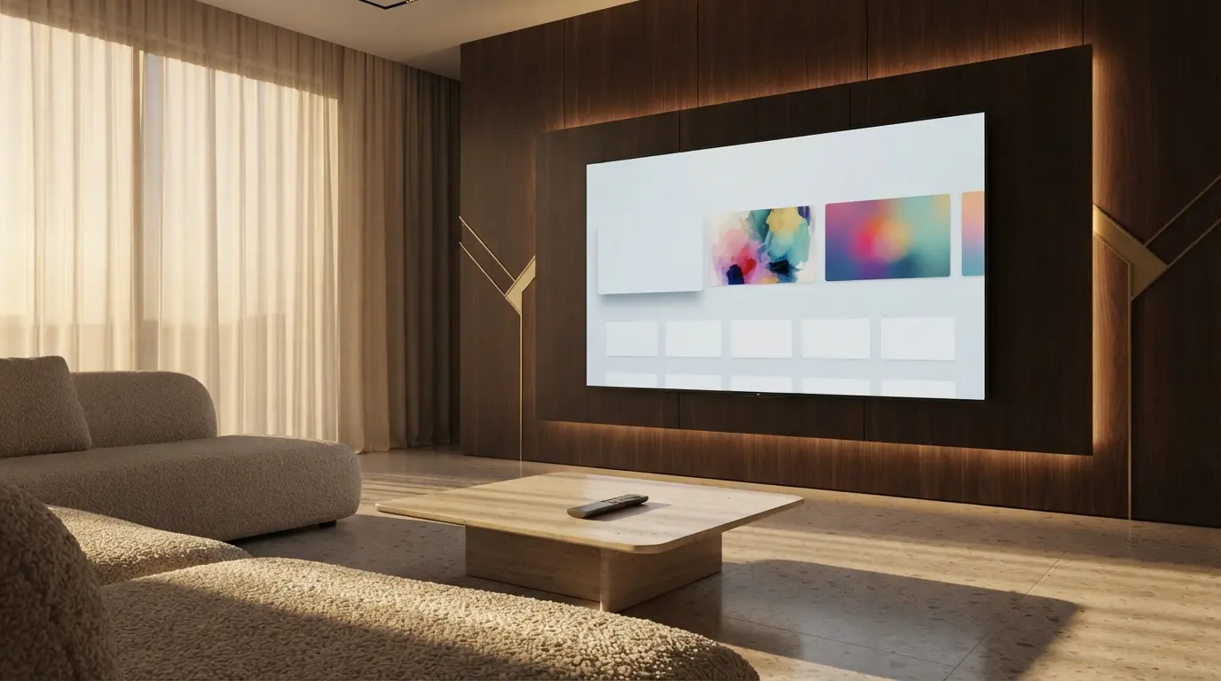 شاشة ذكية داخل غرفة معيشة حديثة تعبّر عن اشتراك فالكون IPTV